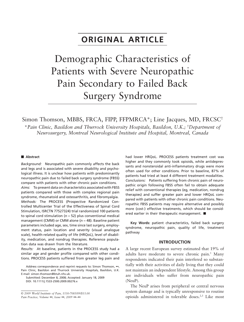Demographic Characteristics of Patients with Severe Neuropathic Pain Secondary to Failed Back Surgery Syndrome