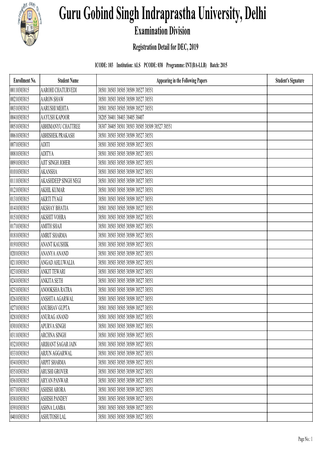 Guru Gobind Singh Indraprastha University, Delhi Examination Division Registration Detail for DEC, 2019