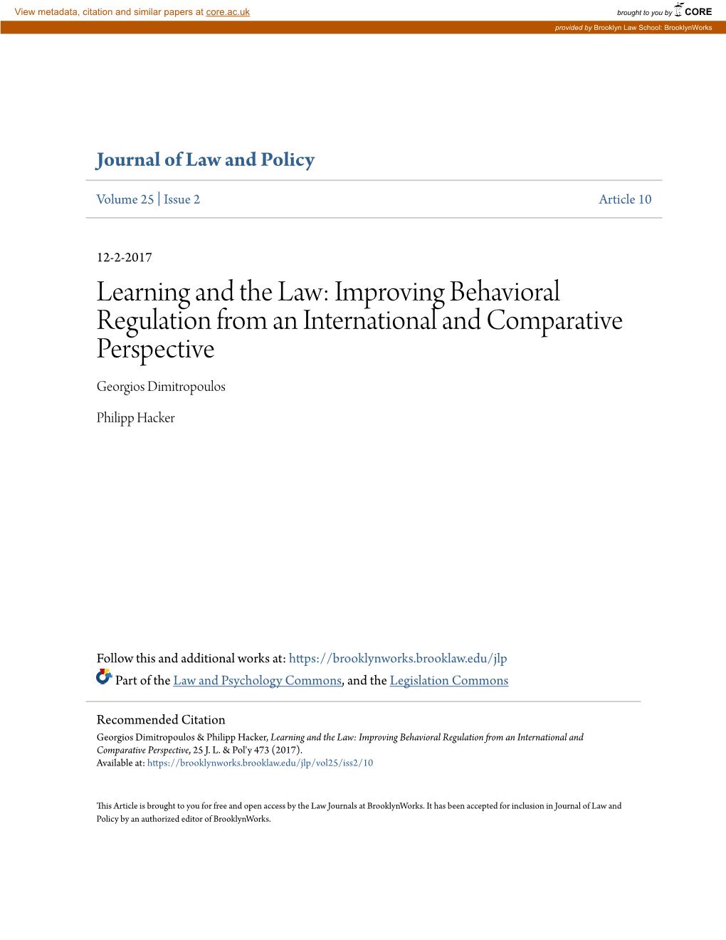 Learning and the Law: Improving Behavioral Regulation from an International and Comparative Perspective Georgios Dimitropoulos