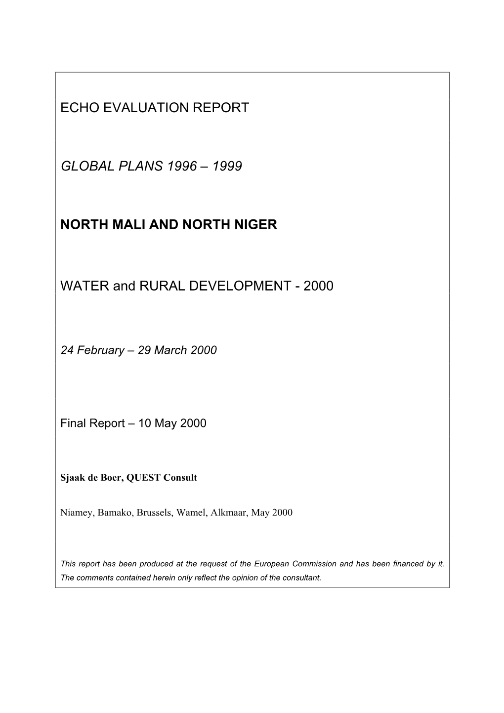 1999 NORTH MALI and NORTH NIGER WATER and RURAL