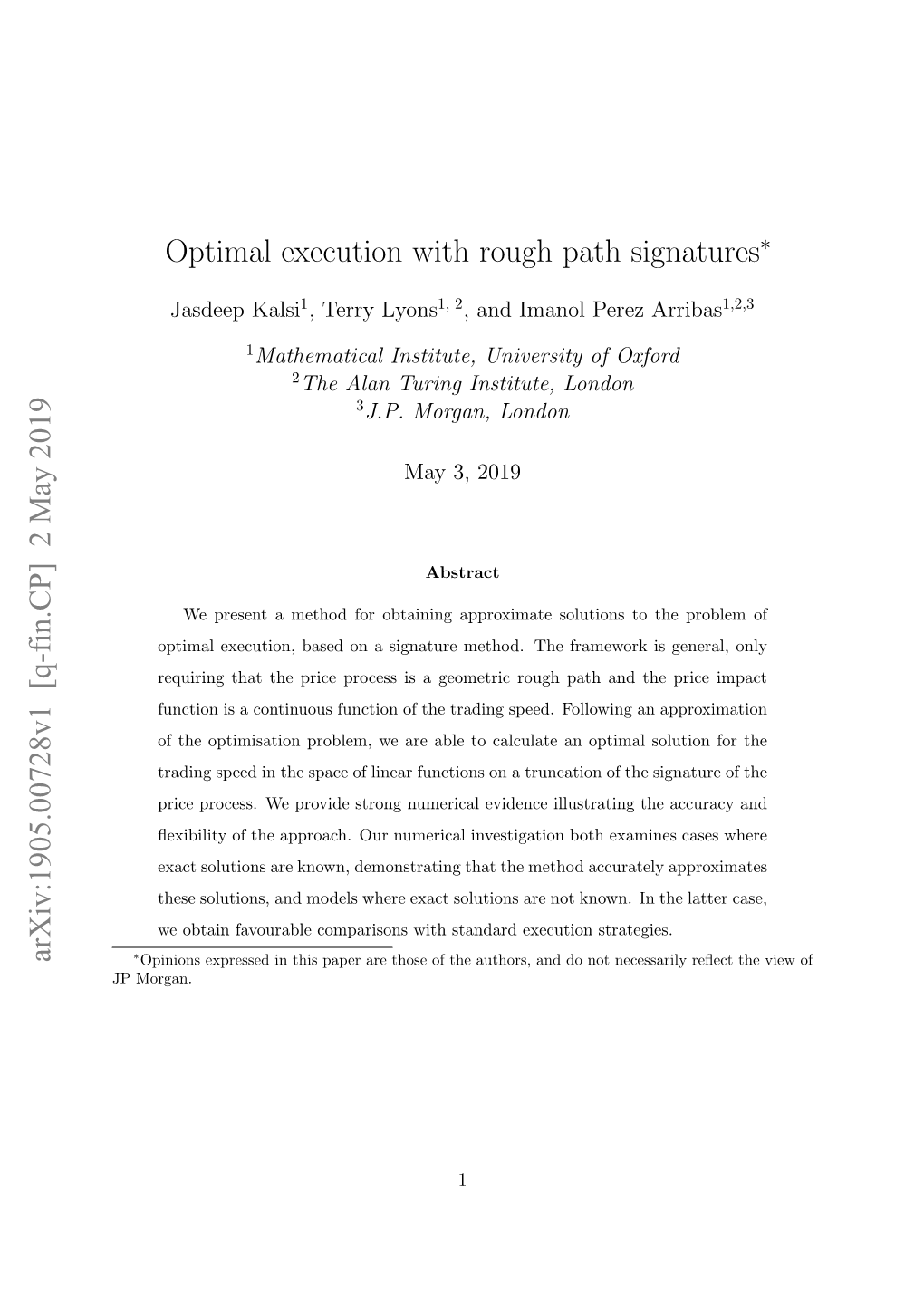 Optimal Execution with Rough Path Signatures Arxiv:1905.00728V1 [Q-Fin.CP]