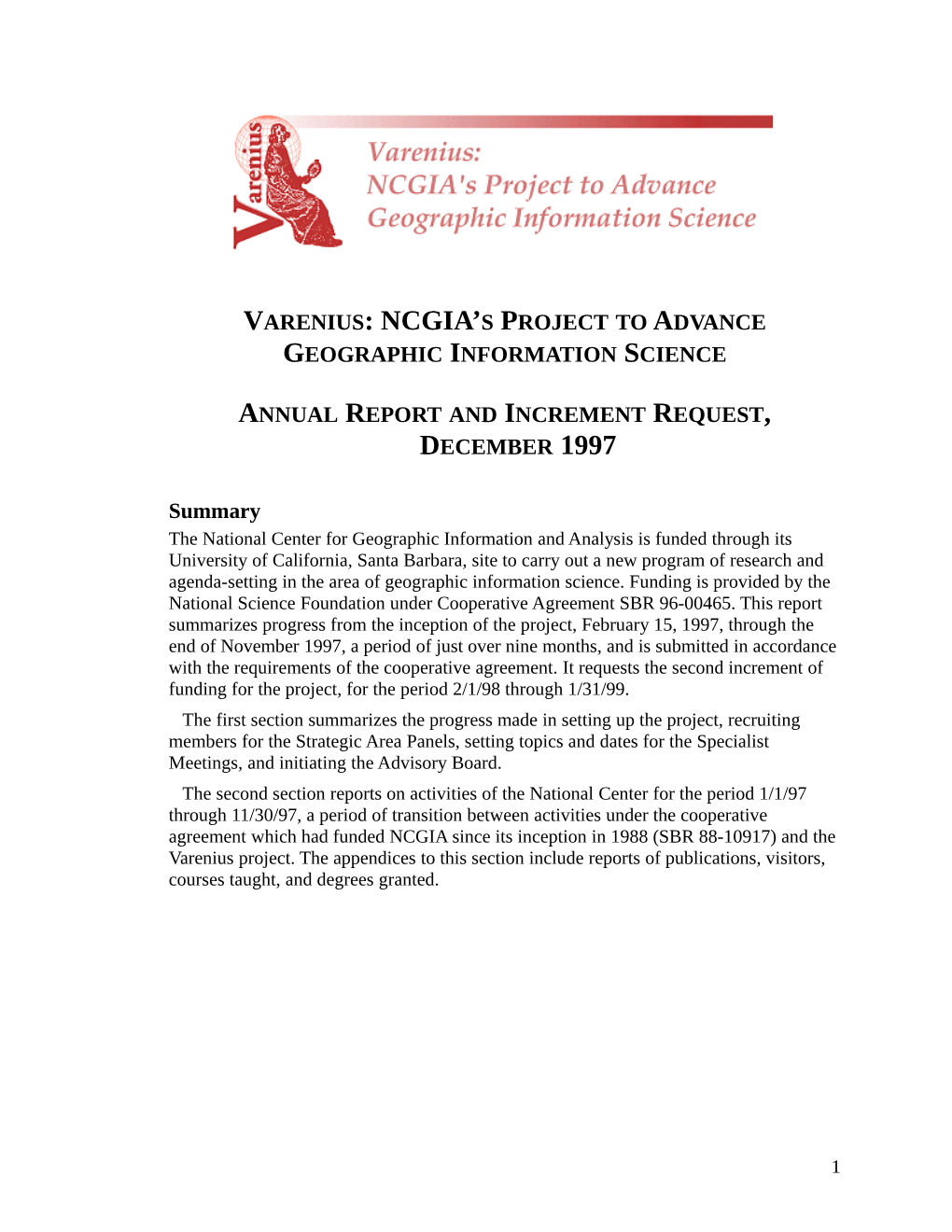 Varenius: NCGIA's Project to Advance Geographic Information Science