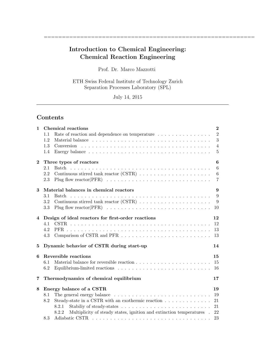 Chemical Reaction Engineering Contents