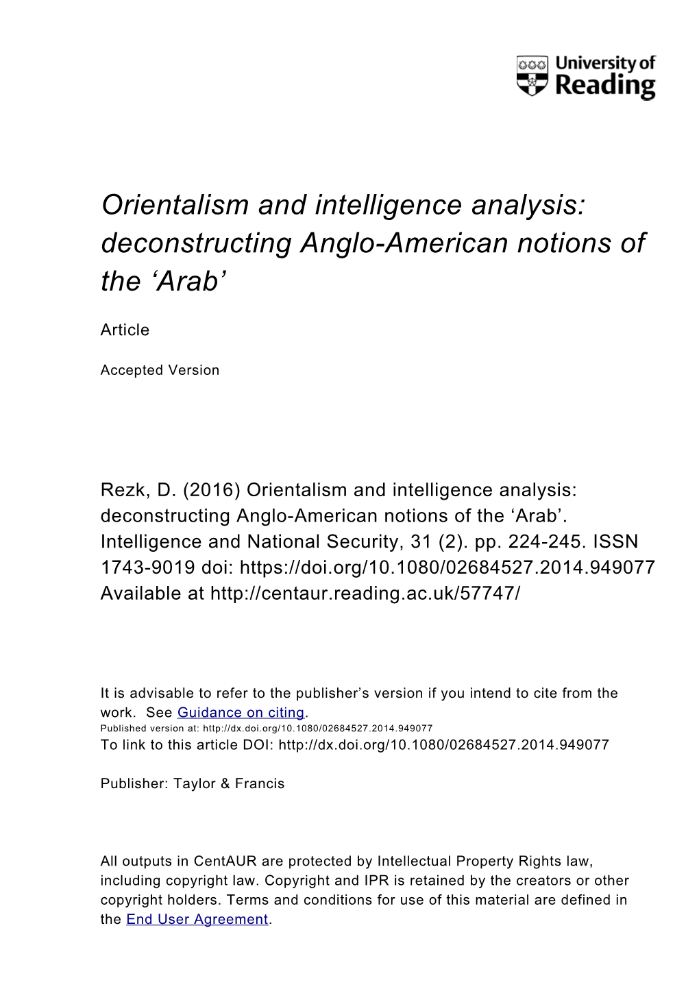 Orientalism and Intelligence Analysis: Deconstructing Anglo-American Notions of the ‘Arab’