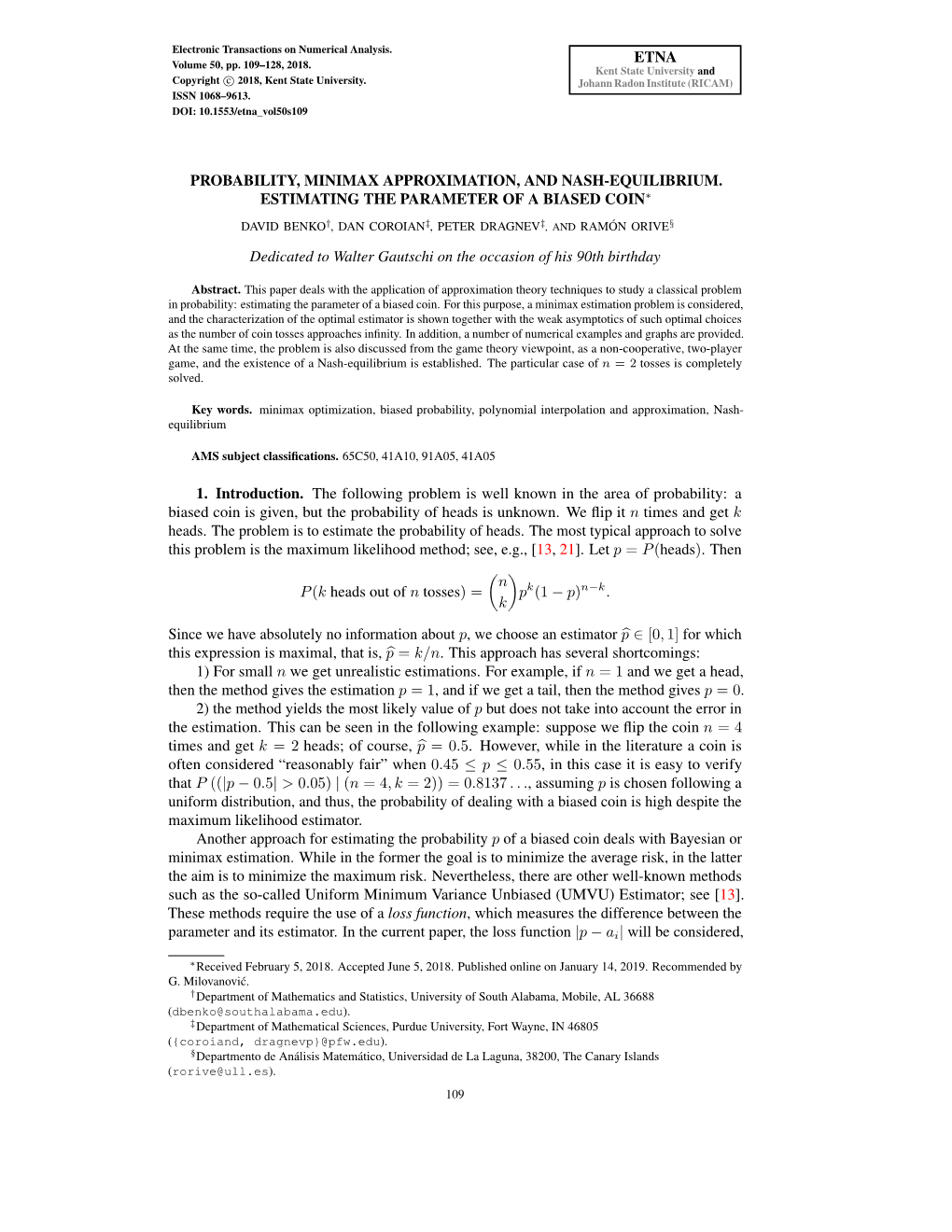 Probability, Minimax Approximation, and Nash-Equilibrium. Estimating the Parameter of a Biased Coin∗