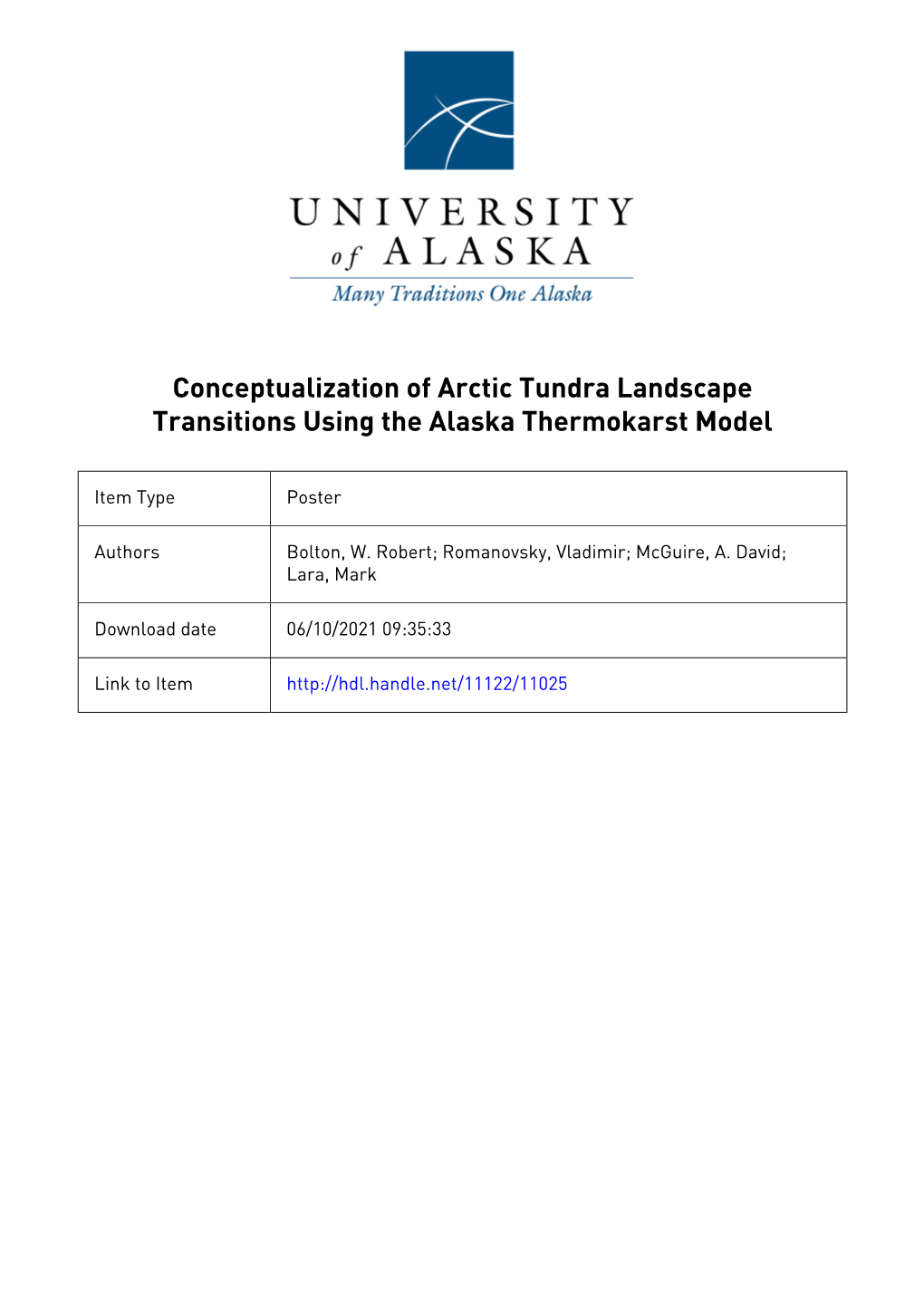 Conceptualization of Arctic Tundra Landscape Transitions Using the Alaska Thermokarst Model