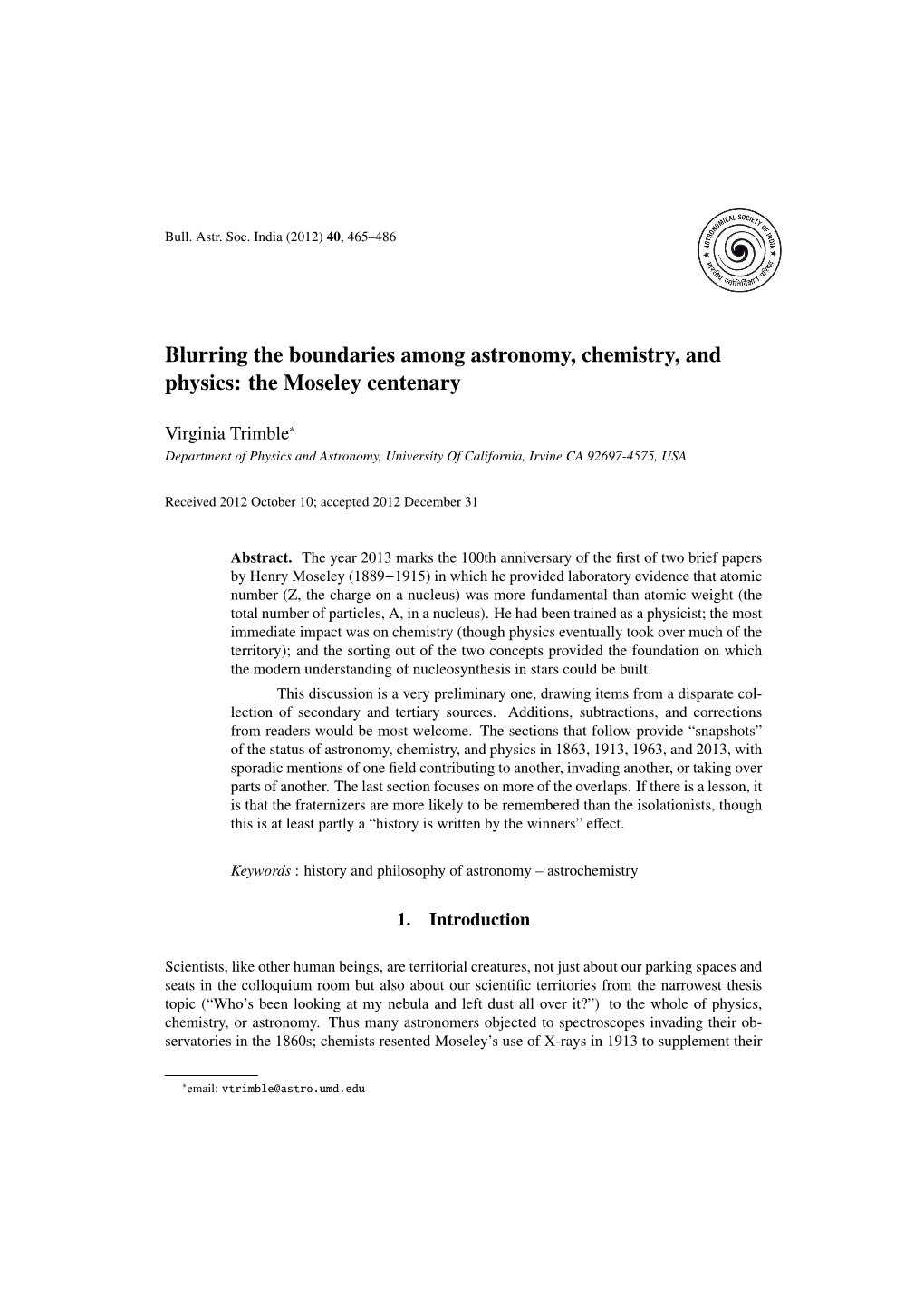 Blurring the Boundaries Among Astronomy, Chemistry, and Physics: the Moseley Centenary