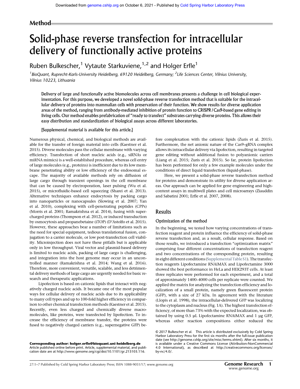 Solid-Phase Reverse Transfection for Intracellular Delivery of Functionally Active Proteins