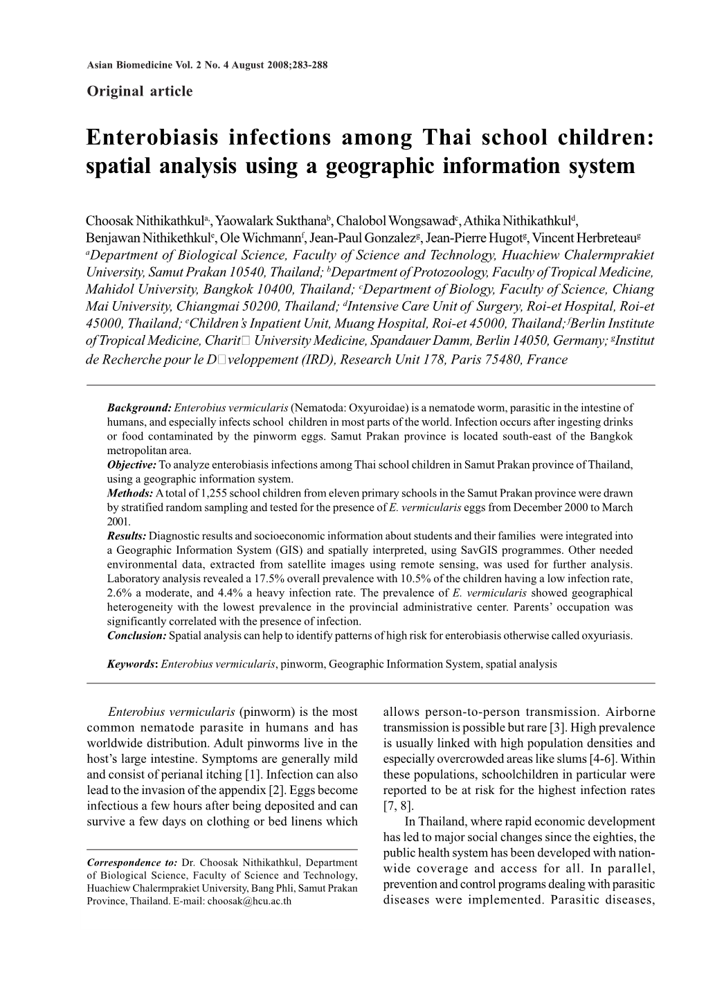 Enterobiasis Infections Among Thai School Children: Spatial Analysis Using a Geographic Information System