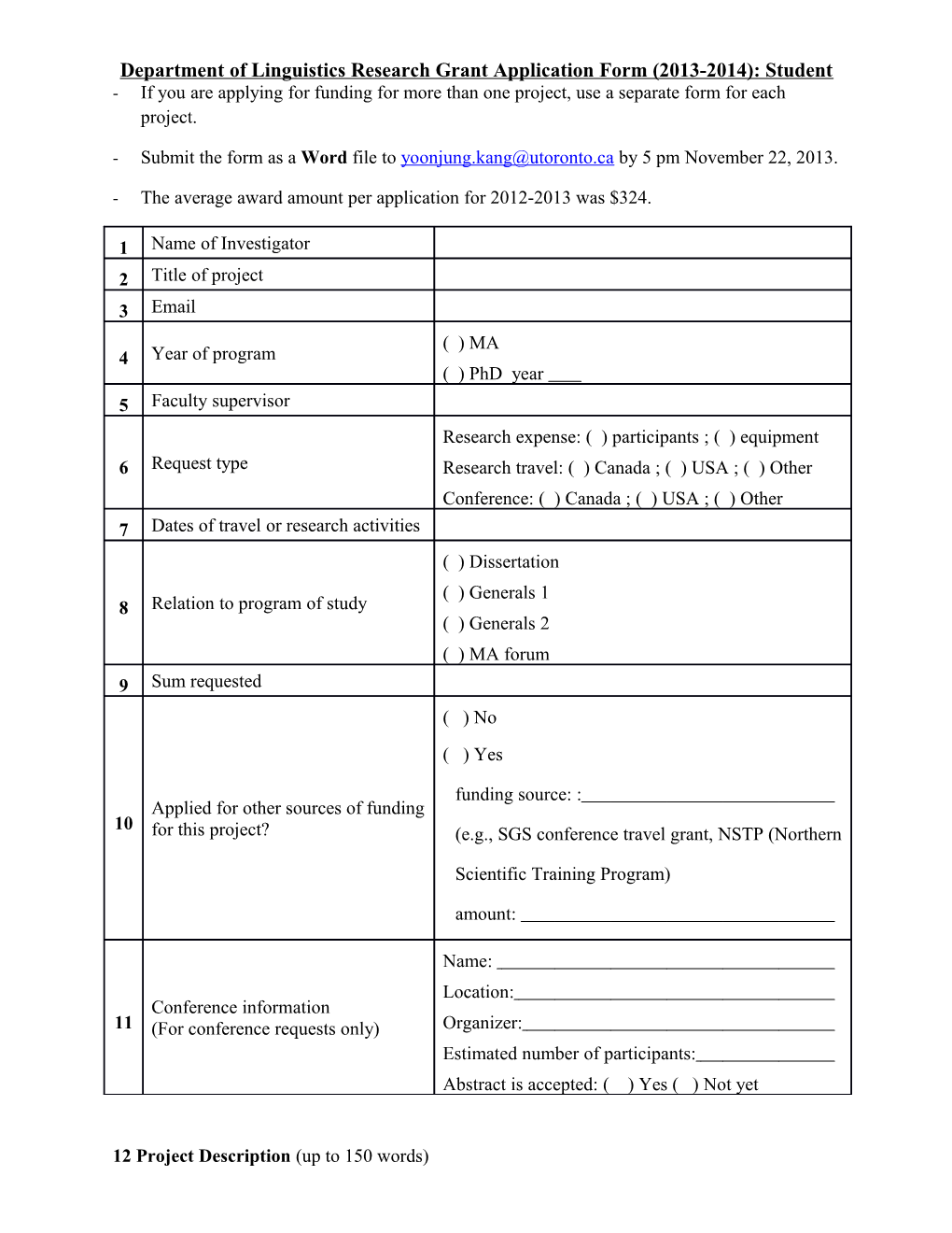 Department of Linguistics Research Grant Application Form (2013-2014): Student