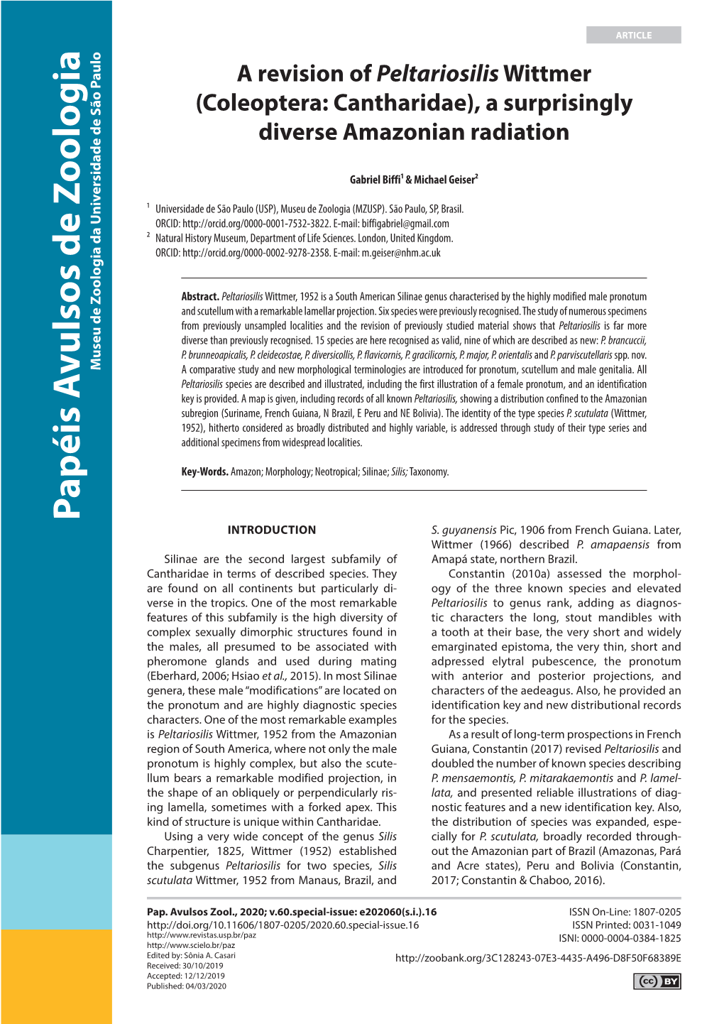 A Revision of Peltariosilis Wittmer (Coleoptera: Cantharidae), a Surprisingly Diverse Amazonian Radiation