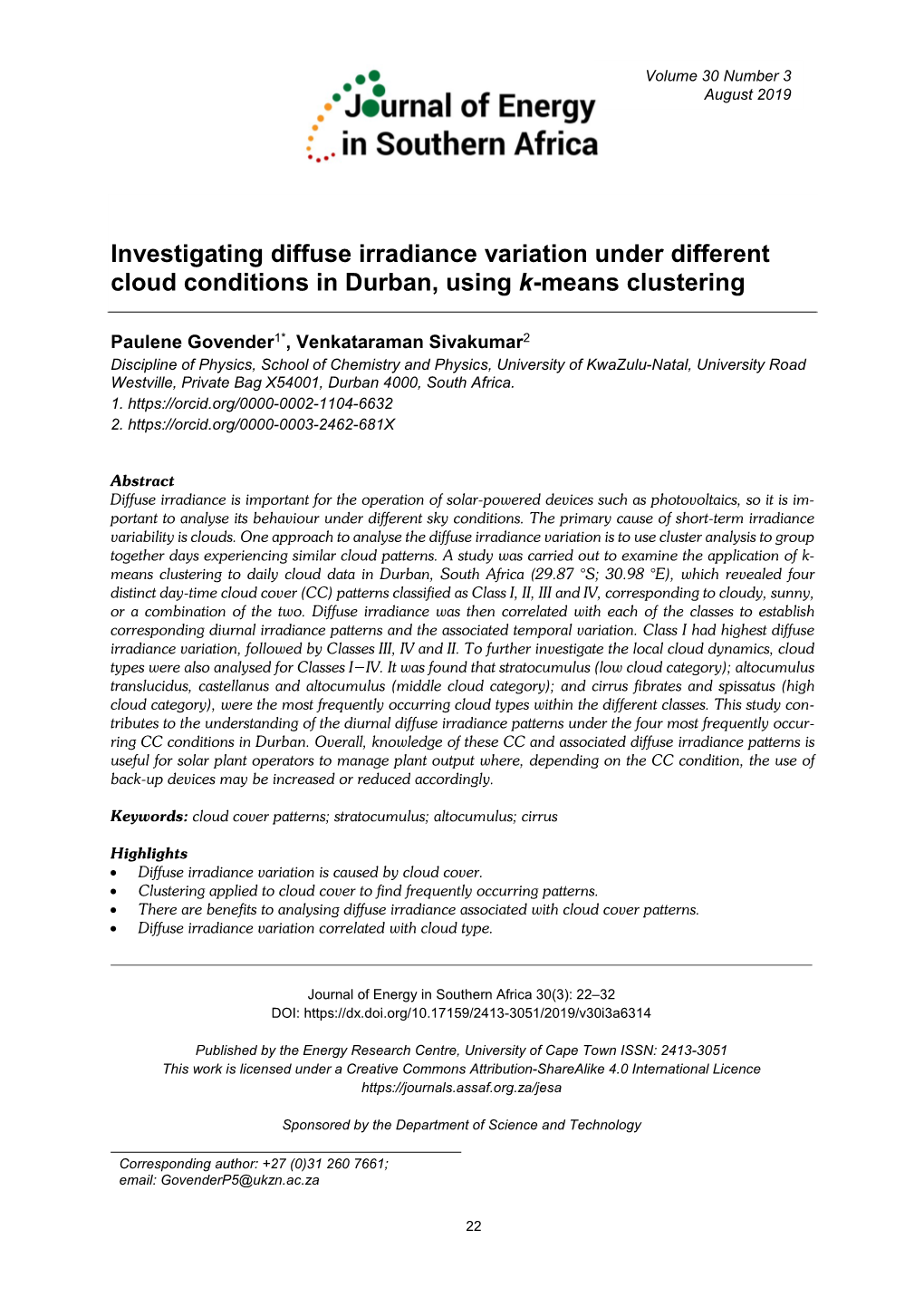 Investigating Diffuse Irradiance Variation Under Different Cloud Conditions in Durban, Using K-Means Clustering