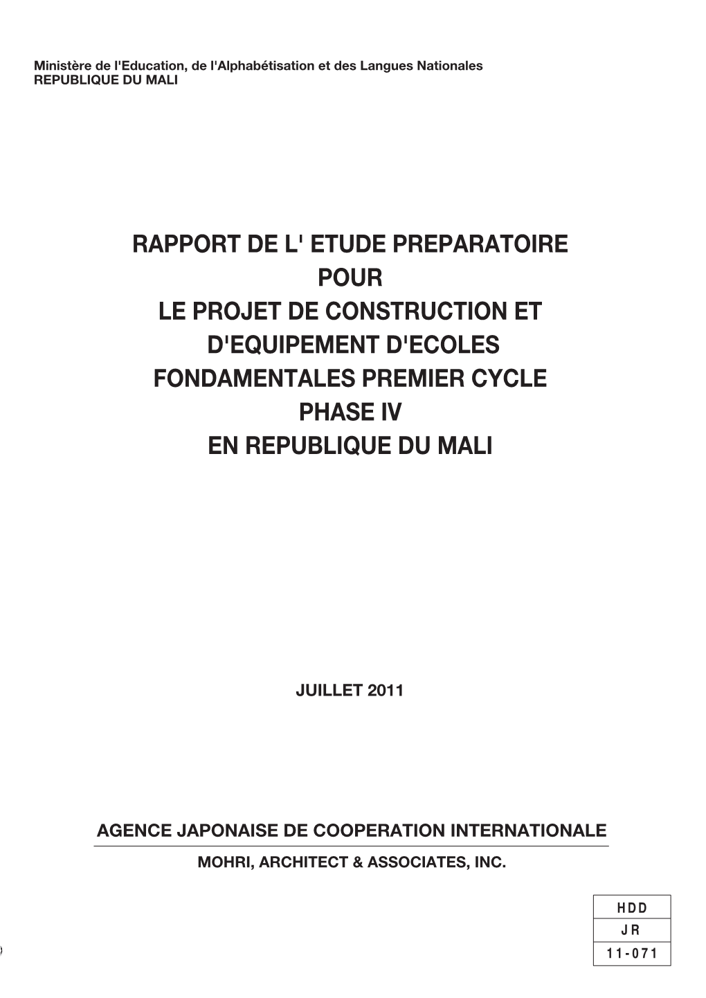 Rapport De L' Etude Preparatoire