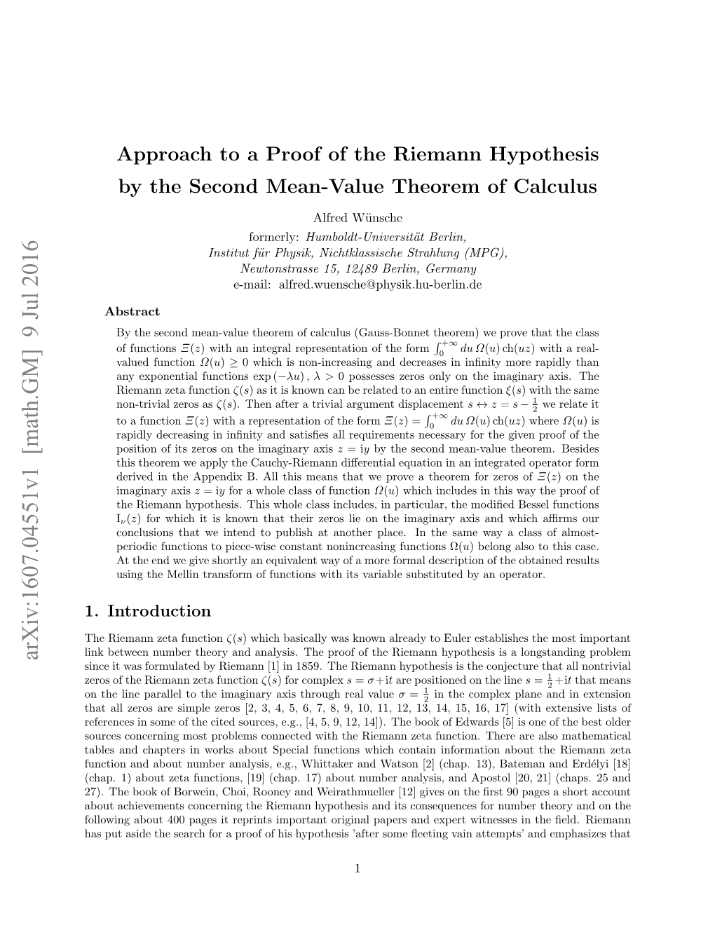 Approach to a Proof of the Riemann Hypothesis by the Second Mean-Value Theorem of Calculus