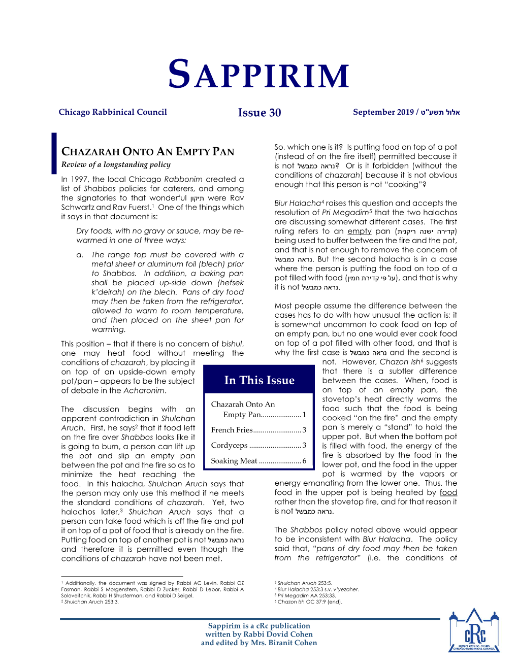 SAPPIRIM אלול תשע"ט / Chicago Rabbinical Council Issue 30 September 2019