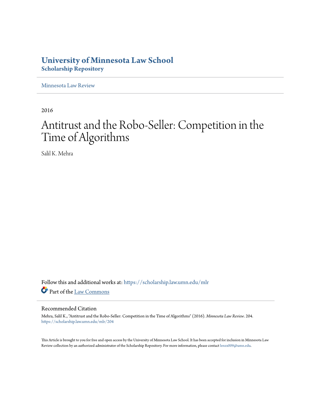 Antitrust and the Robo-Seller: Competition in the Time of Algorithms Salil K