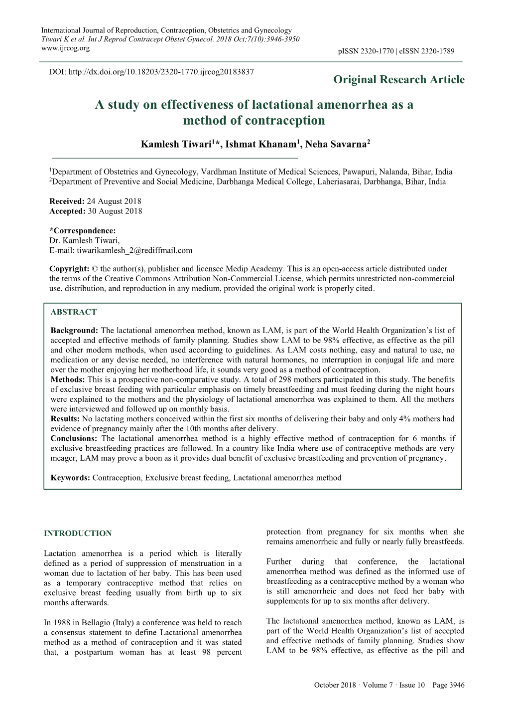 A Study on Effectiveness of Lactational Amenorrhea As a Method of Contraception