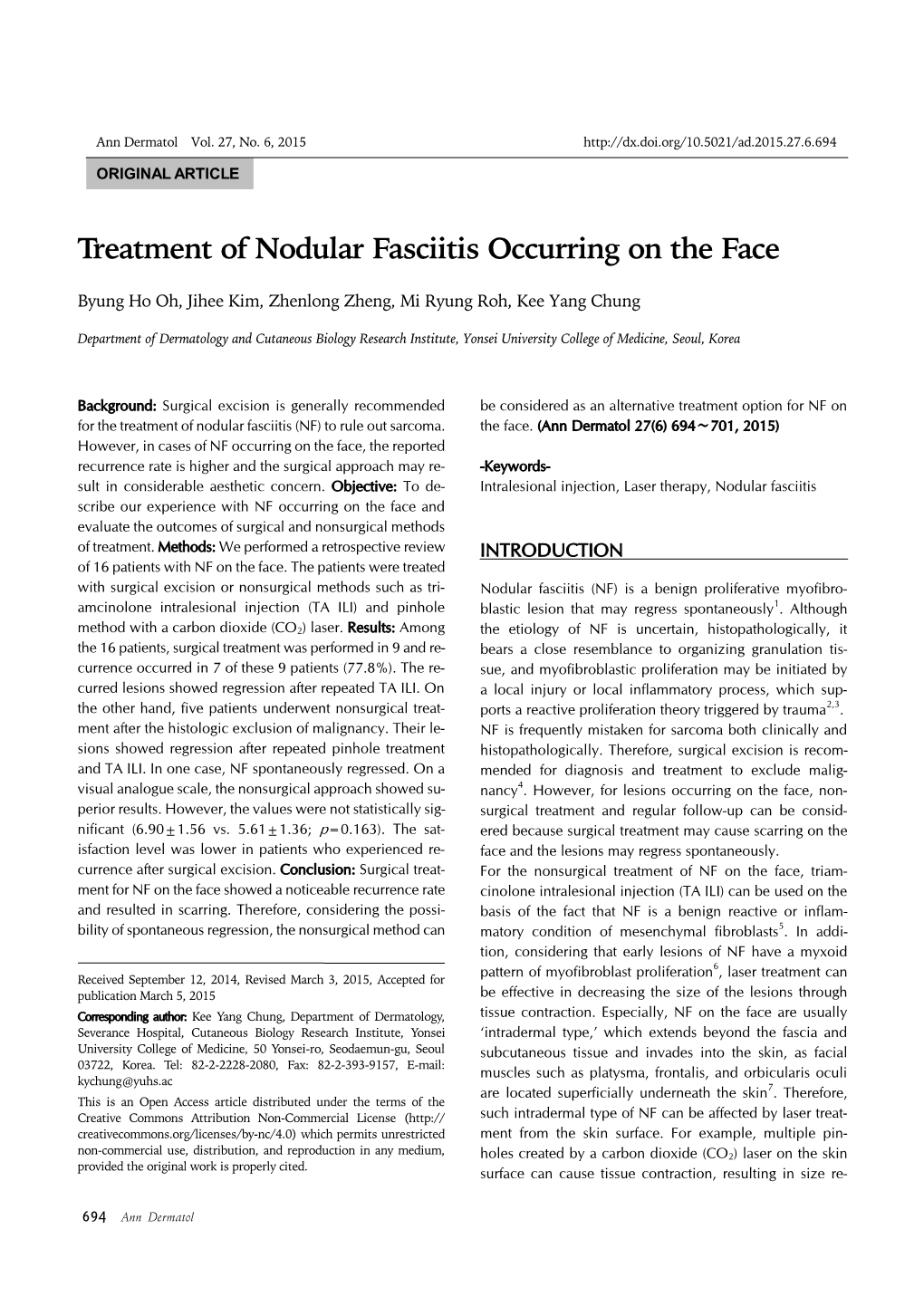 Treatment of Nodular Fasciitis Occurring on the Face