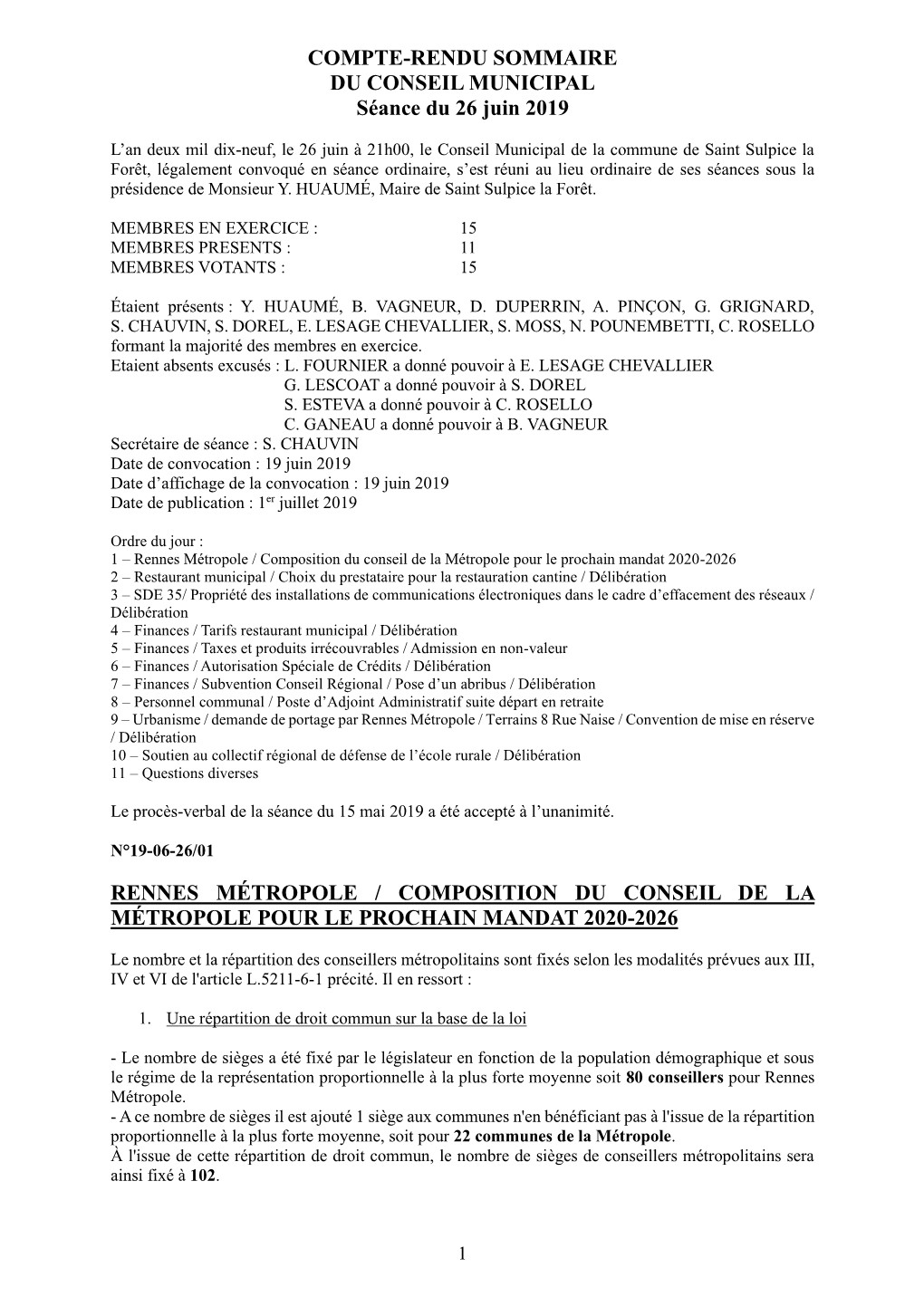 COMPTE-RENDU SOMMAIRE DU CONSEIL MUNICIPAL Séance Du 26 Juin 2019