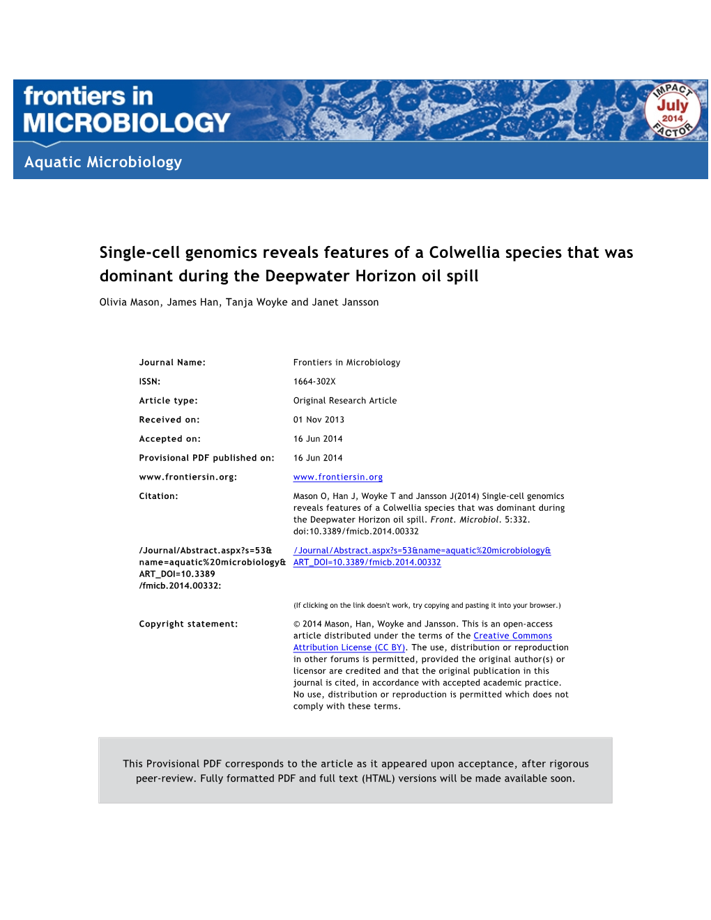 Single-Cell Genomics Reveals Features of a Colwellia Species That Was