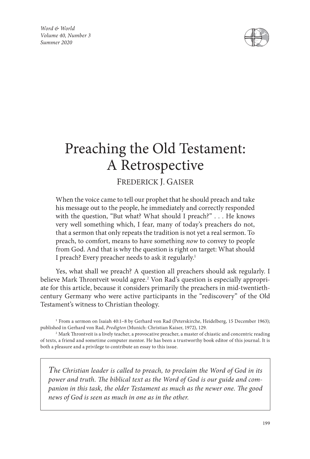 Preaching the Old Testament: a Retrospective FREDERICK J