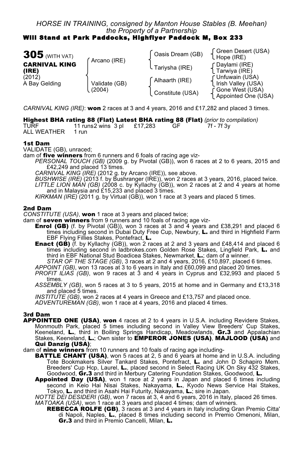 HORSE in TRAINING, Consigned by Manton House Stables (B. Meehan) the Property of a Partnership Will Stand at Park Paddocks, Highflyer Paddock M, Box 233