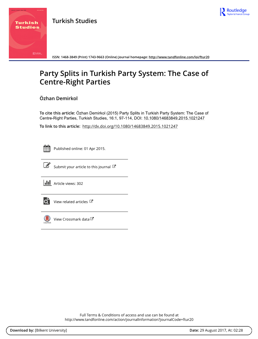 Party Splits in Turkish Party System: The'case of Centre-Right Parties