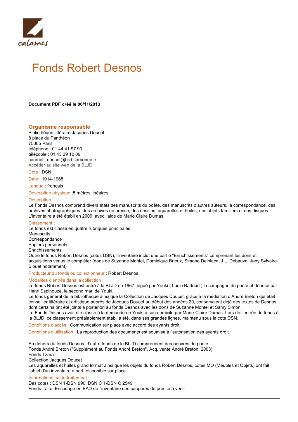Inventaire Du Fonds Robert Desnos Pour Prod V1