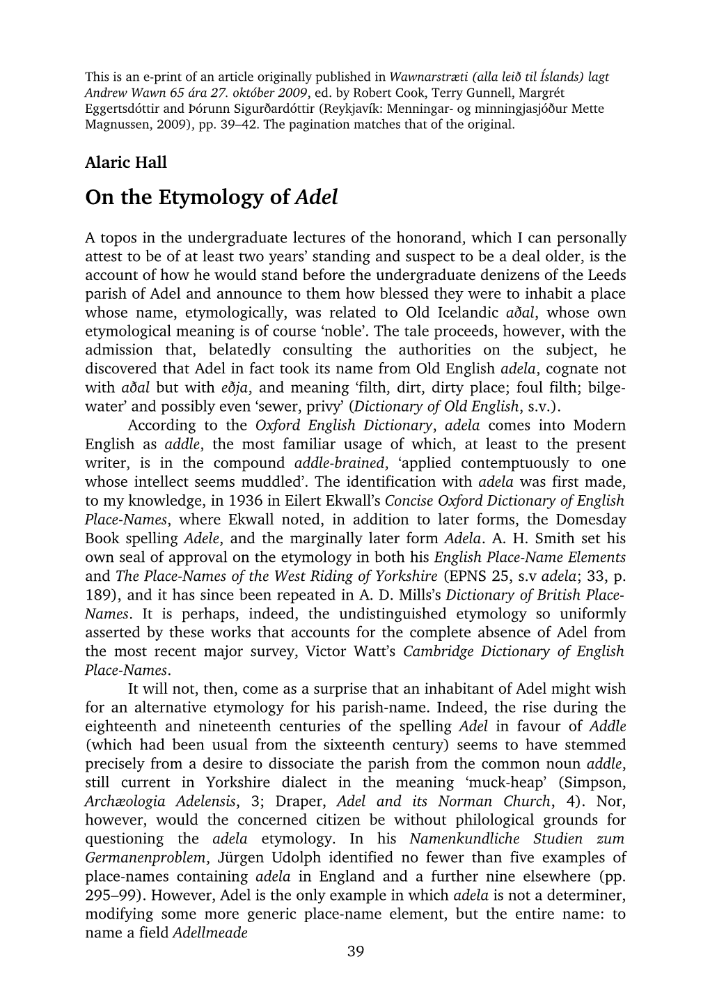 Alaric Hall on the Etymology of Adel