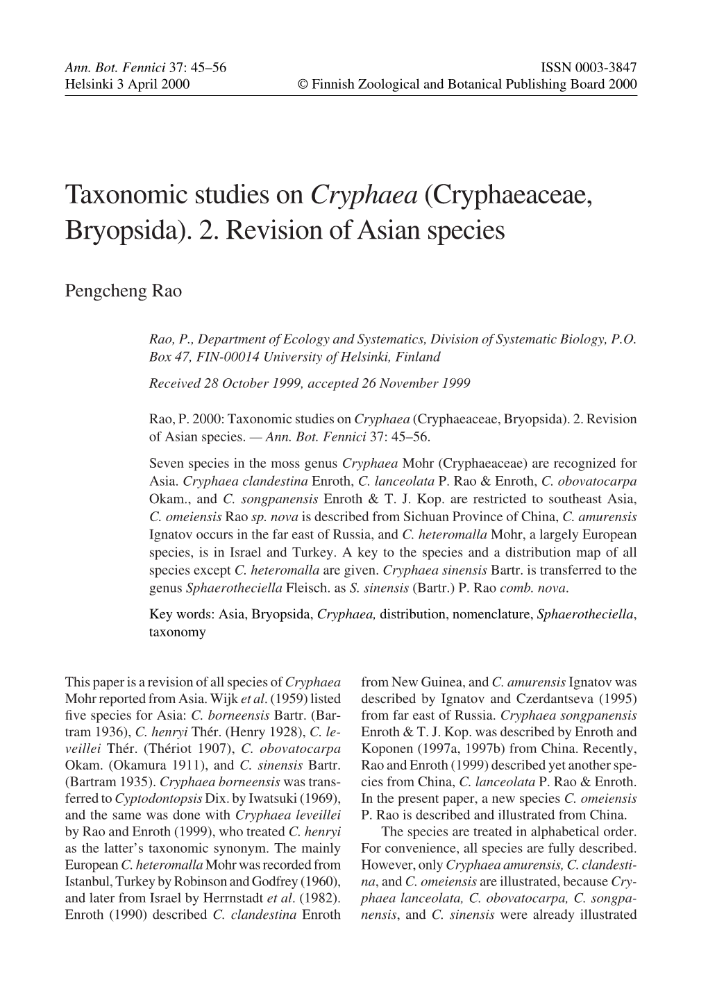 Taxonomic Studies on Cryphaea (Cryphaeaceae, Bryopsida). 2