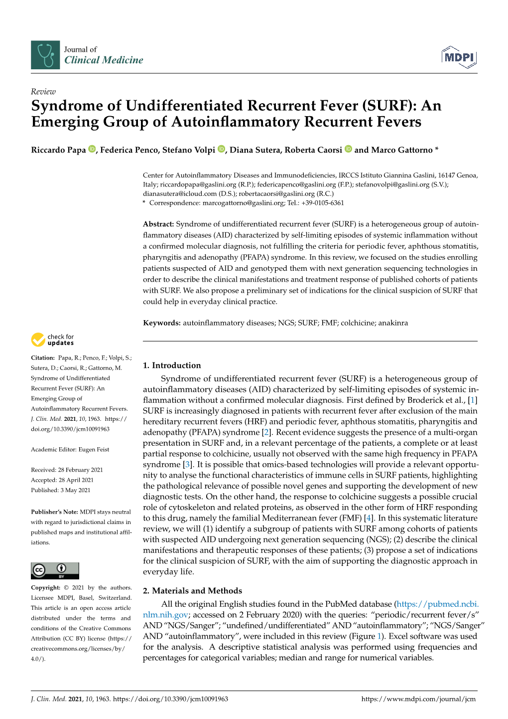 SURF): an Emerging Group of Autoinﬂammatory Recurrent Fevers