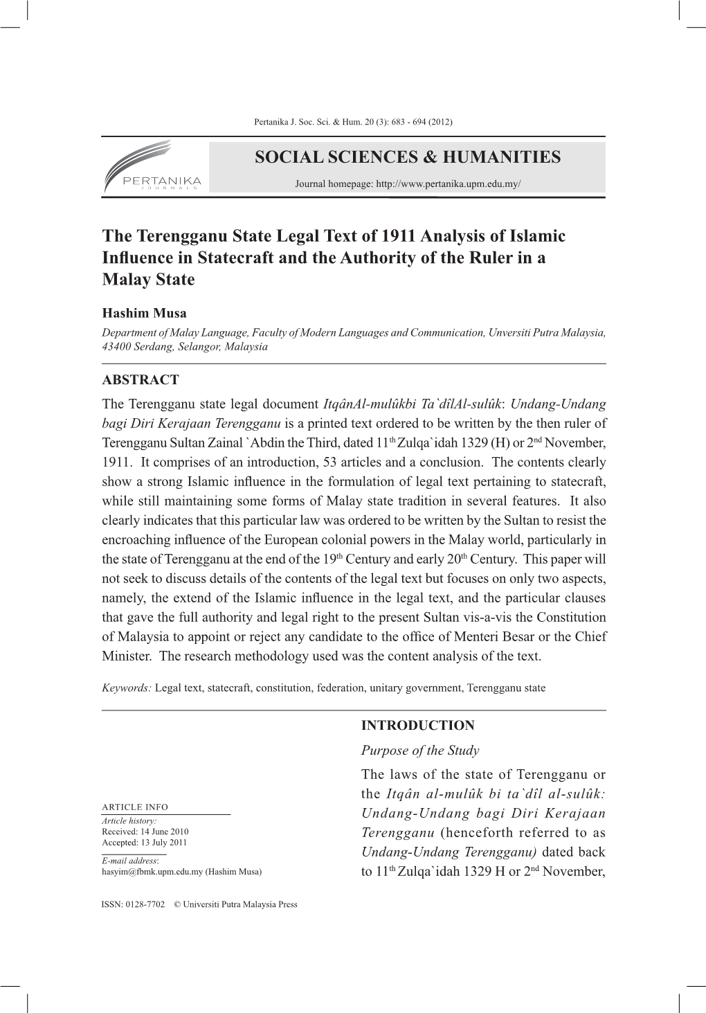 The Terengganu State Legal Text of 1911 Analysis of Islamic Influence in Statecraft and the Authority of the Ruler in a Malay State