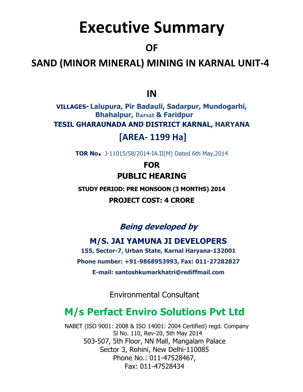 Executive Summary of SAND (MINOR MINERAL) MINING in KARNAL UNIT-4