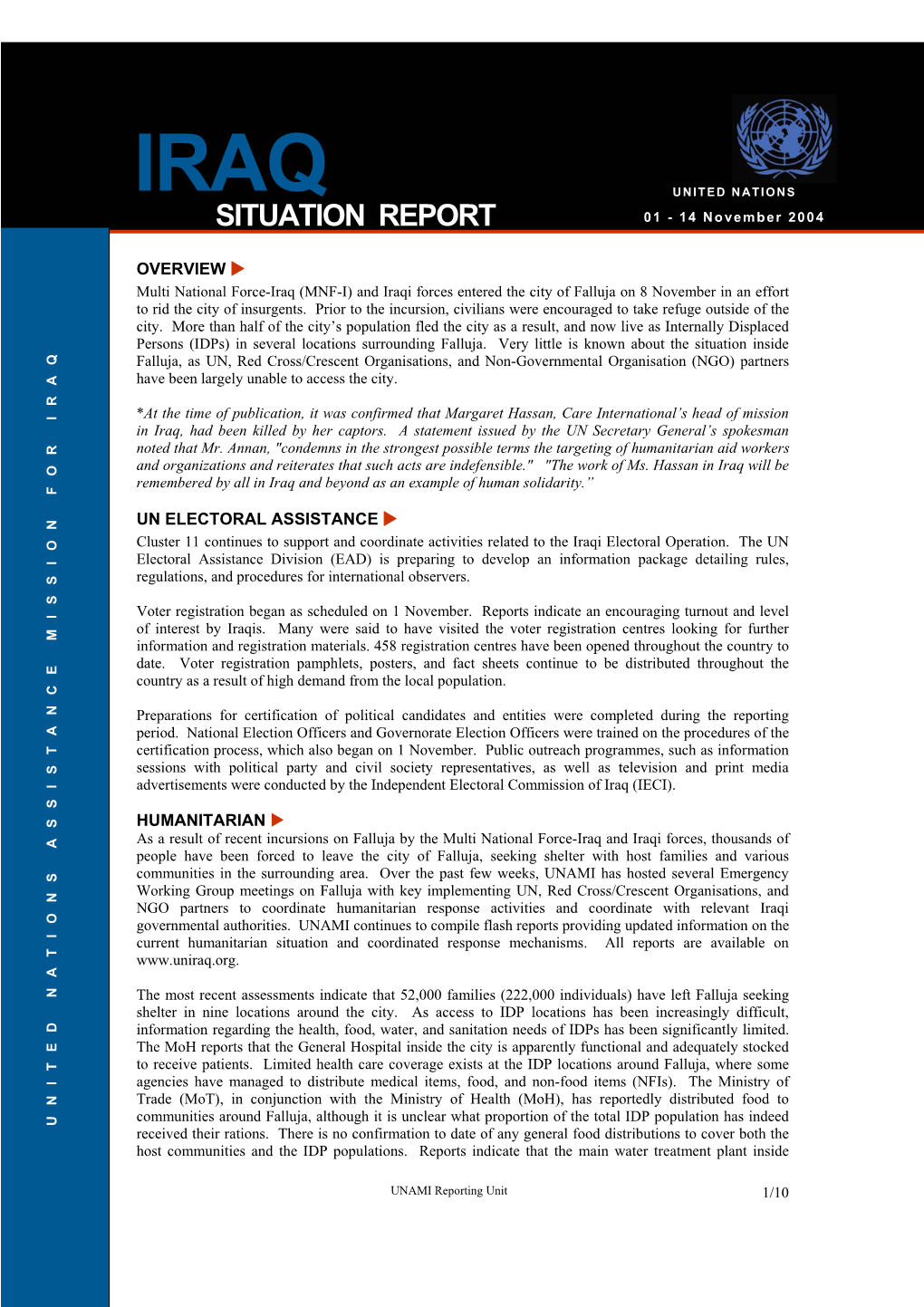 SITUATION REPORT 01 - 14 November 2004