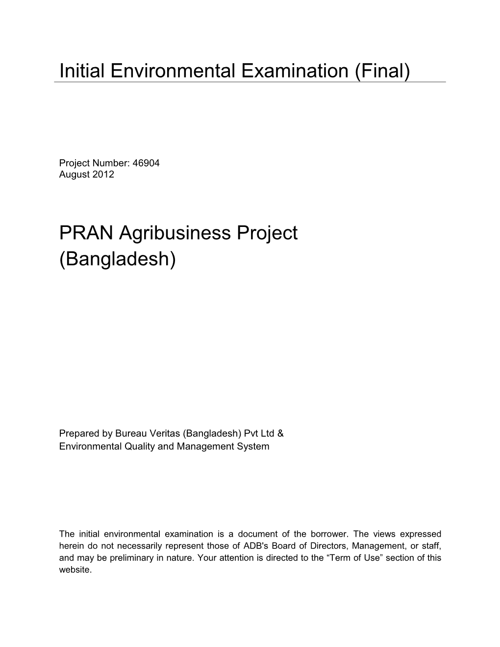 IEE: Bangladesh: PRAN Agribusiness Project