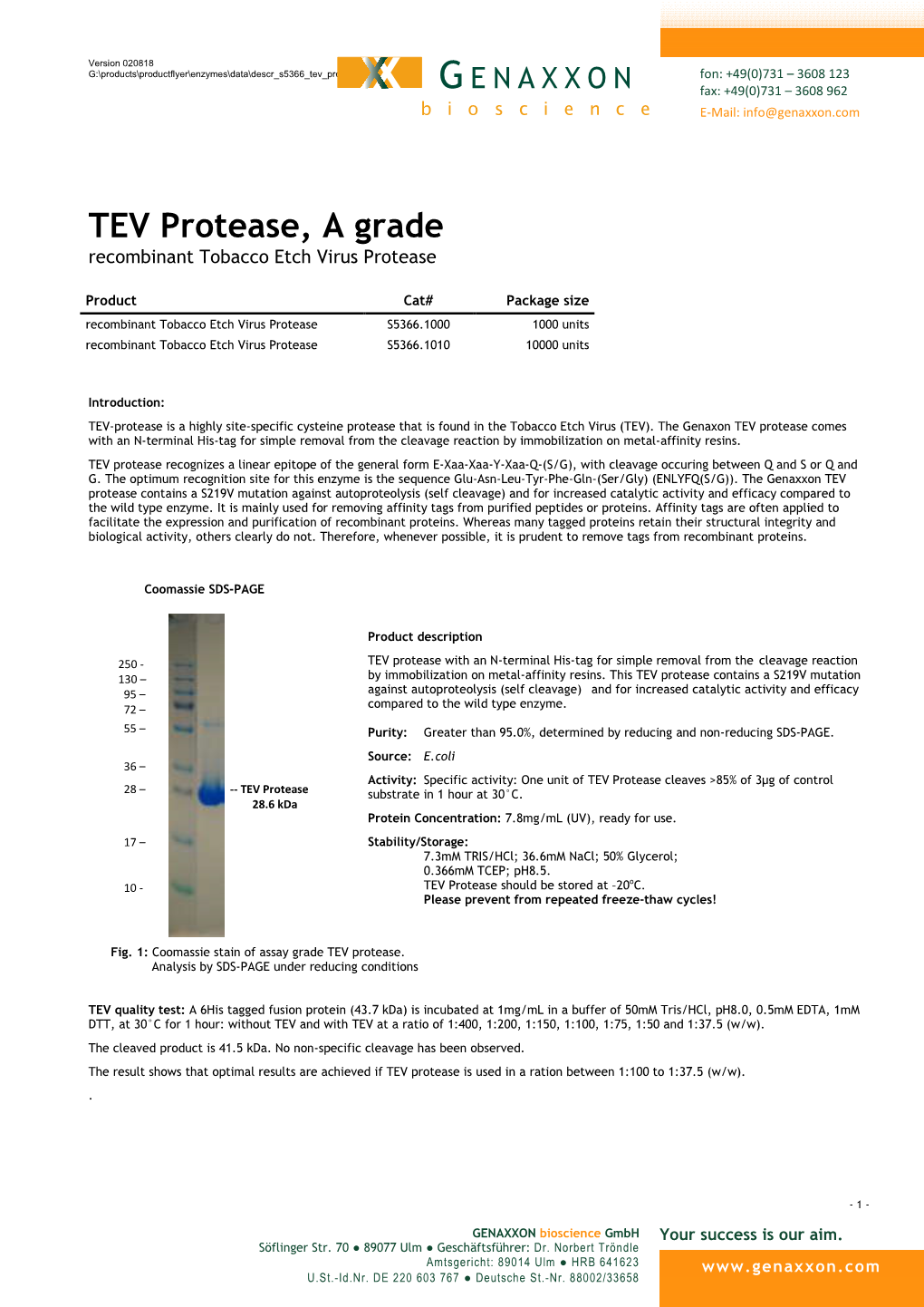 TEV Protease, a Grade Recombinant Tobacco Etch Virus Protease
