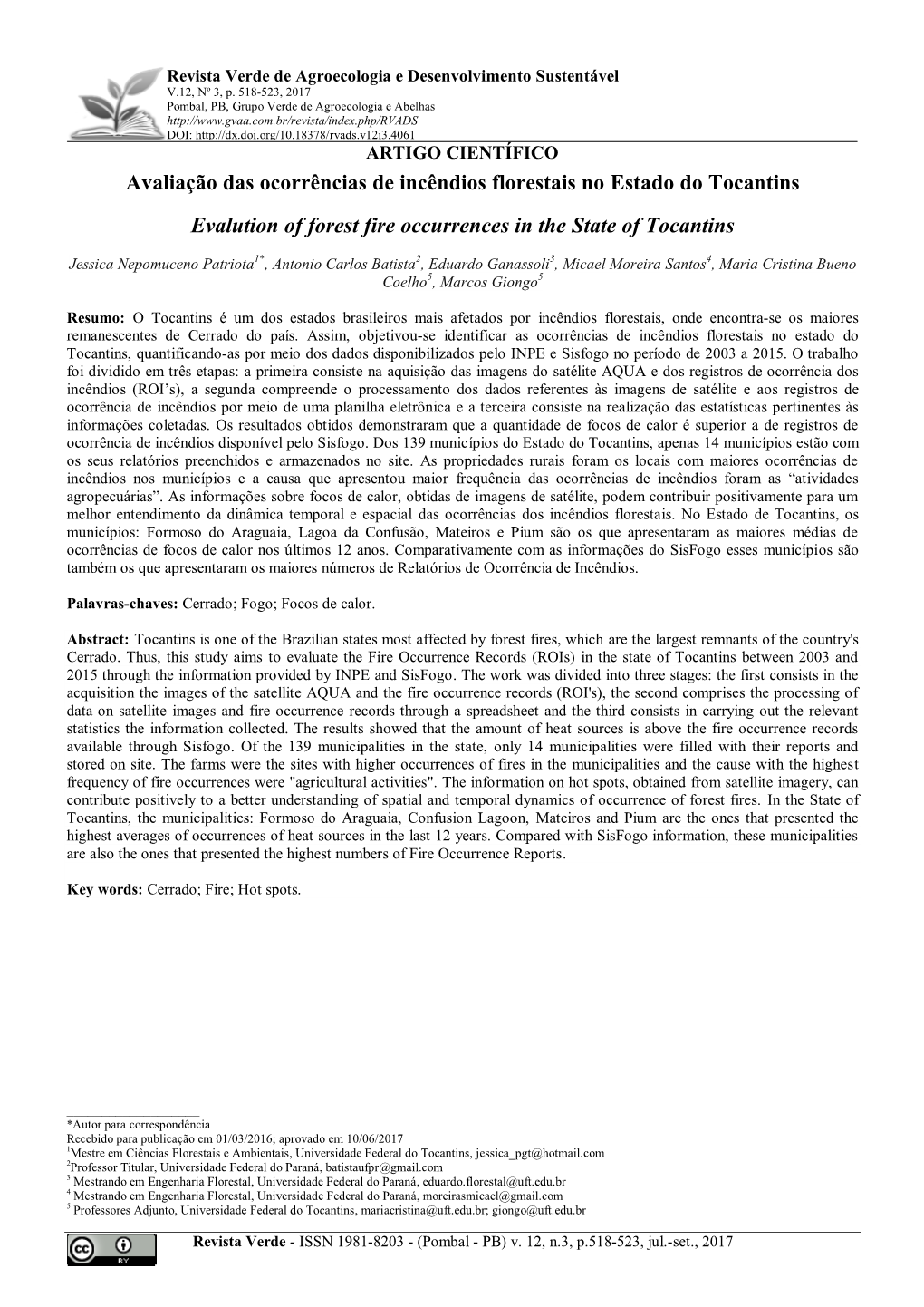 Avaliação Das Ocorrências De Incêndios Florestais No Estado Do Tocantins Evalution of Forest Fire Occurrences in the State O