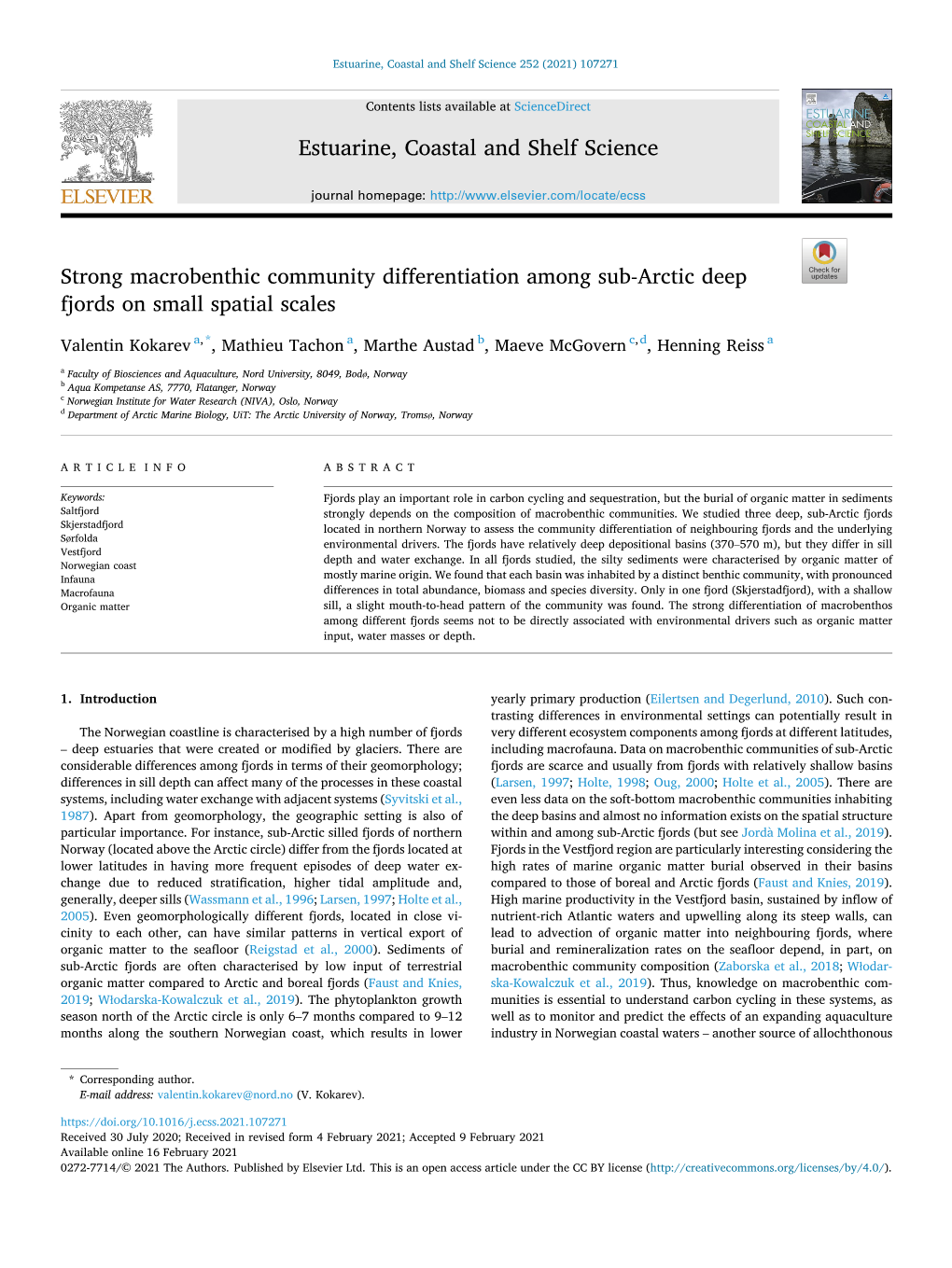 Strong Macrobenthic Community Differentiation Among Sub-Arctic Deep Fjords on Small Spatial Scales