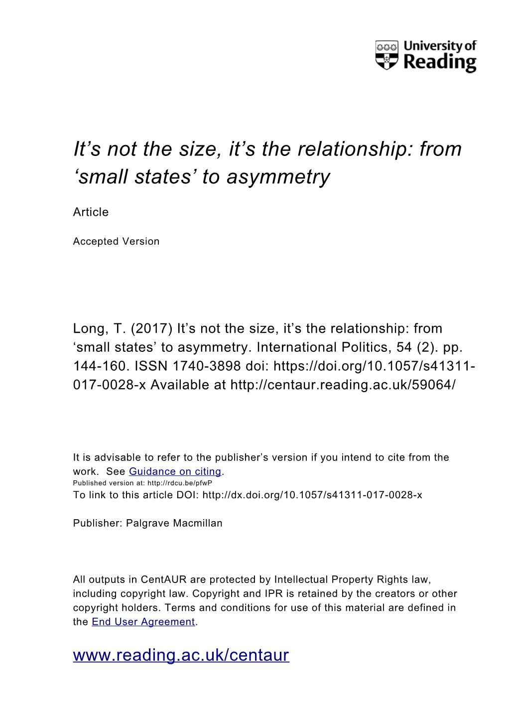 It's Not the Size, It's the Relationship: from 'Small States' to Asymmetry