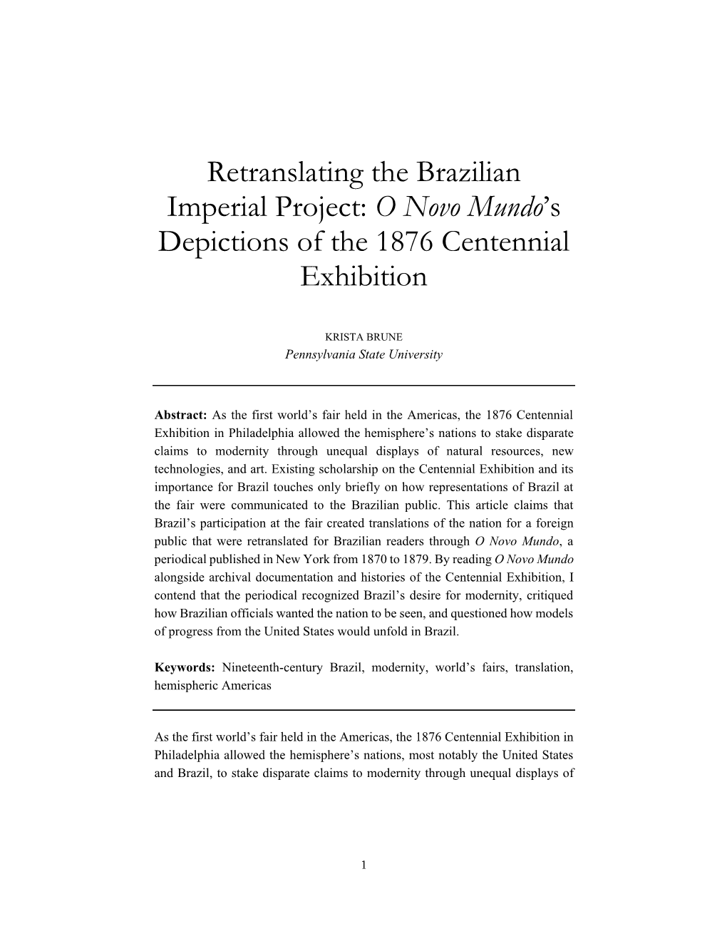 Retranslating the Brazilian Imperial Project: O Novo Mundo 'S