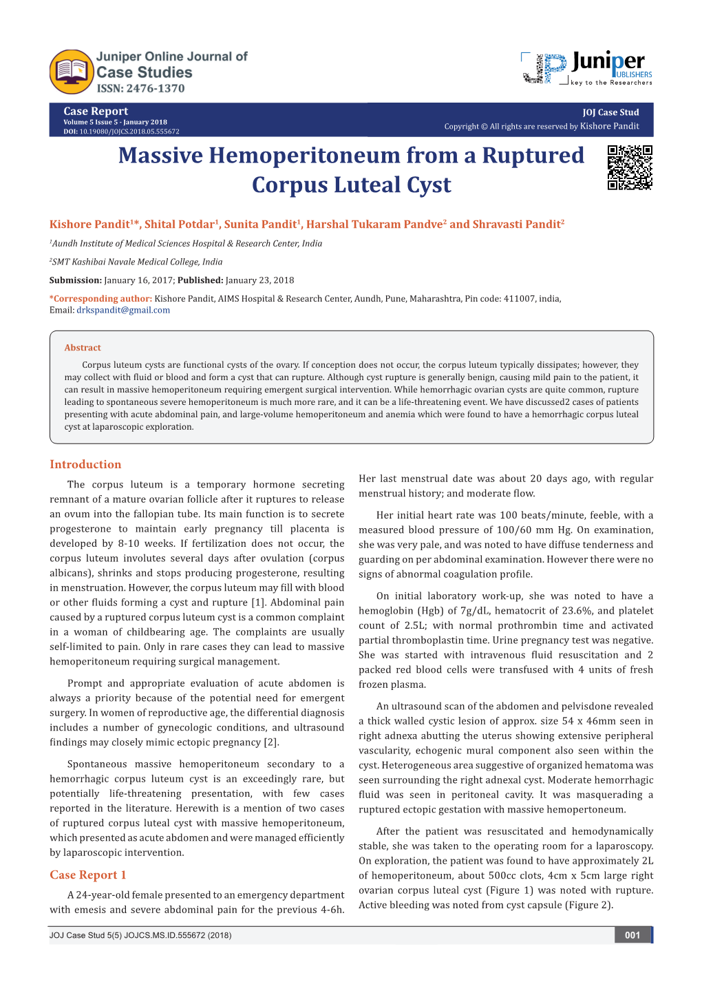 Massive Hemoperitoneum from a Ruptured Corpus Luteal Cyst