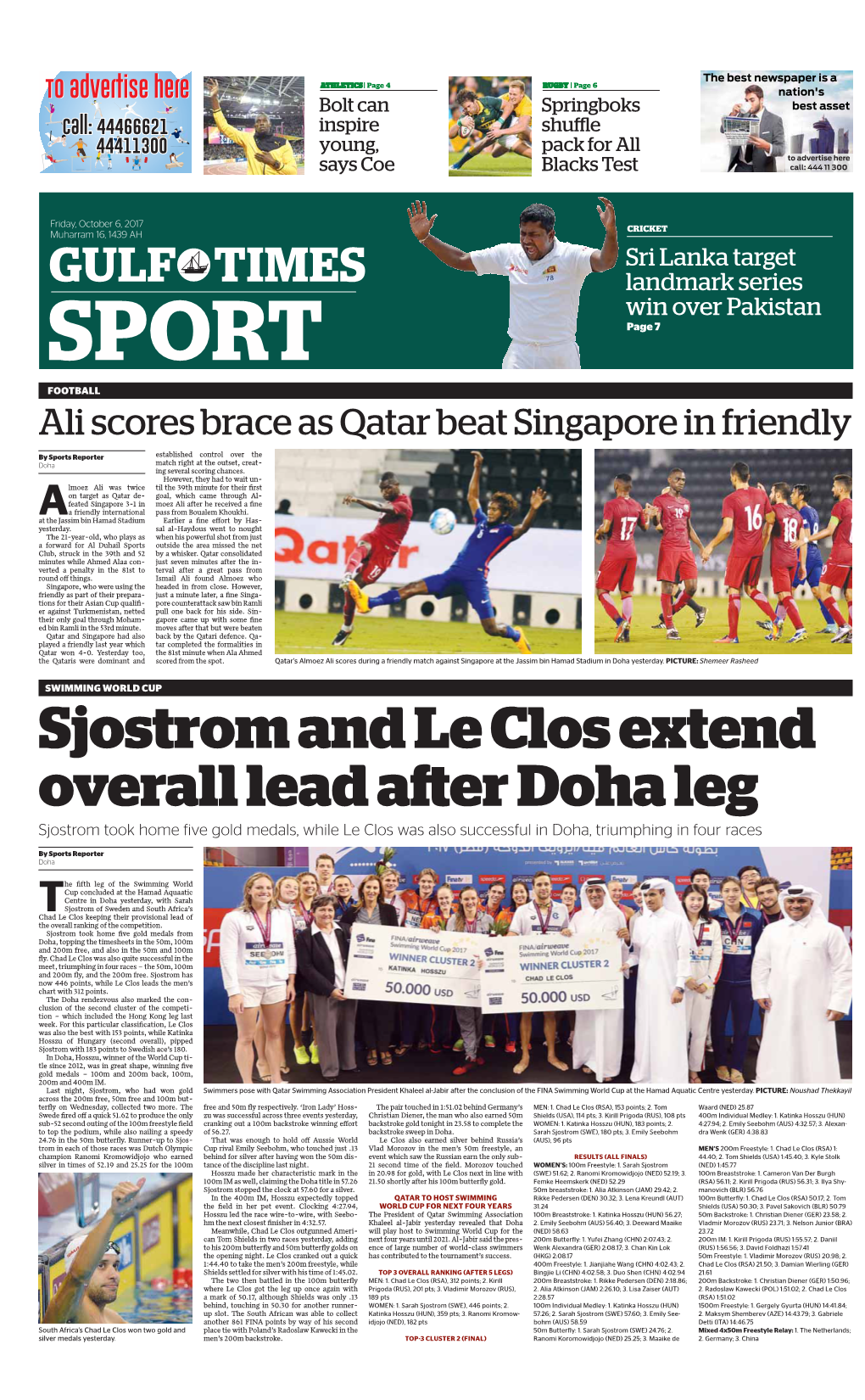 Sjostrom and Le Clos Extend Overall Lead After Doha