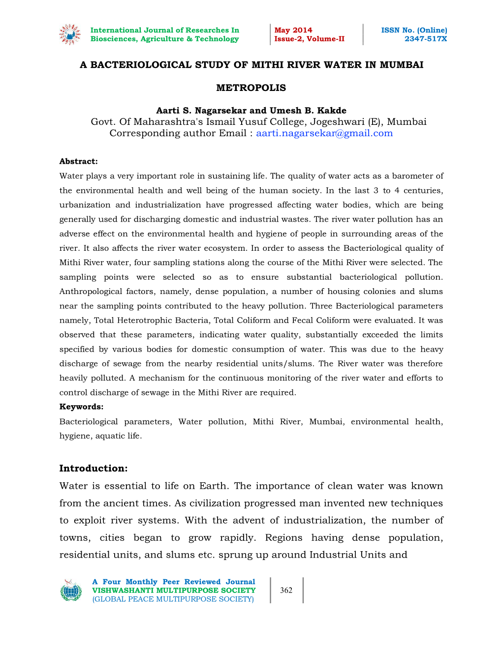 A Bacteriological Study of Mithi River Water in Mumbai