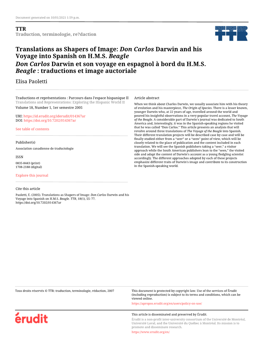 Translations As Shapers of Image: Don Carlos Darwin and His Voyage Into Spanish on H.M.S. Beagle Don Carlos Darwin Et Son Voyage En Espagnol À Bord Du H.M.S