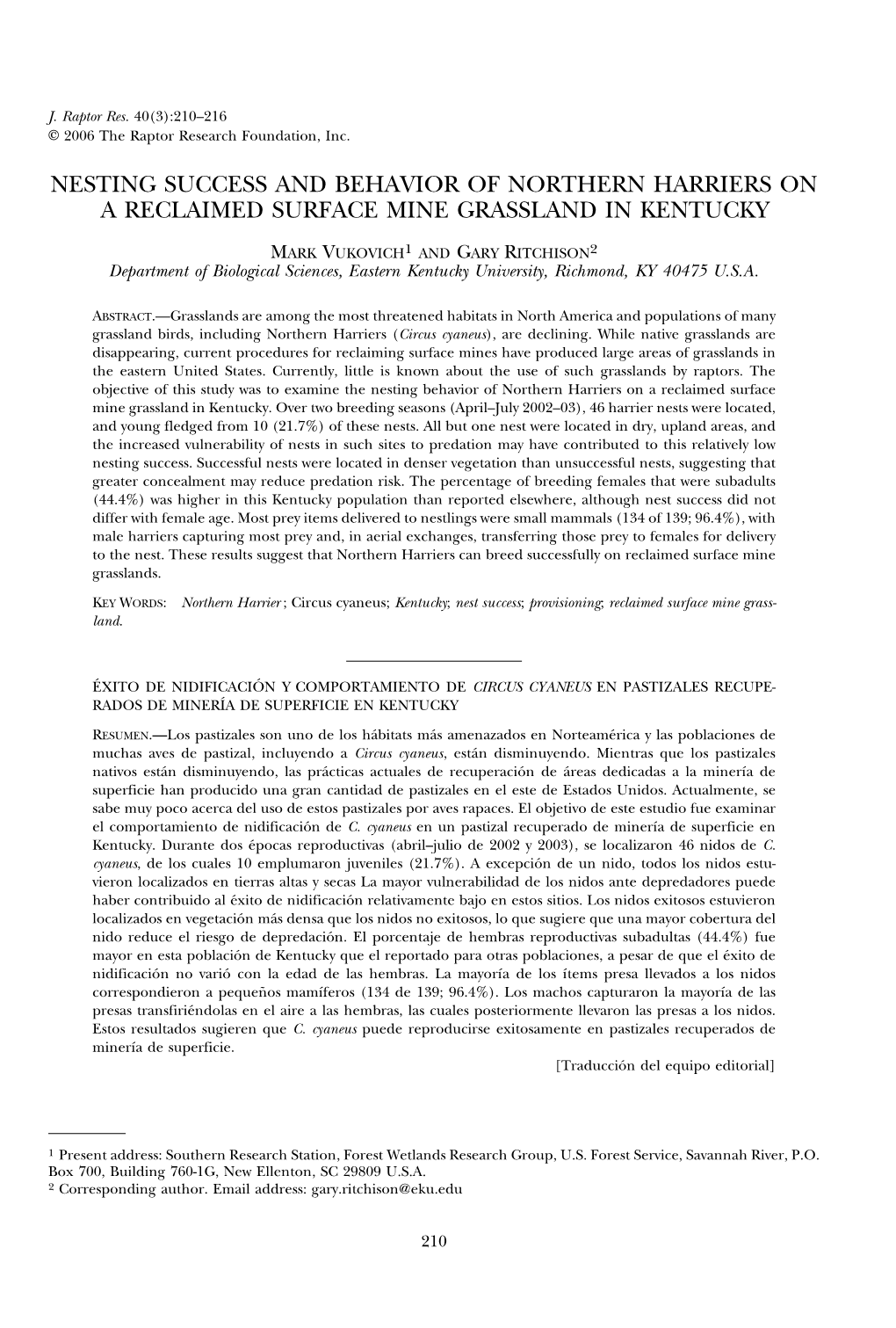 Nesting Success and Behavior of Northern Harriers on a Reclaimed Surface Mine Grassland in Kentucky