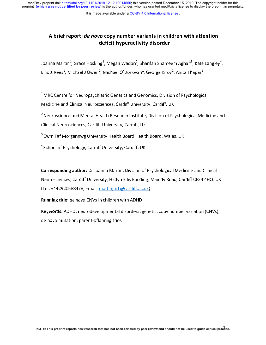 De Novo Copy Number Variants in Children with Attention Deficit Hyperactivity Disorder