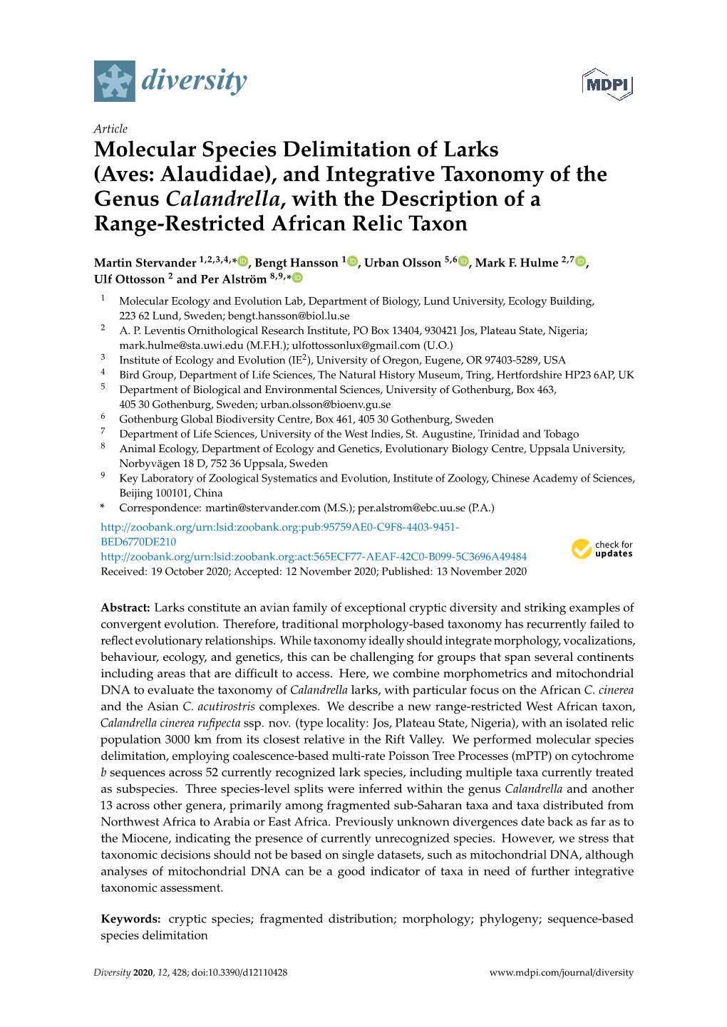 Molecular Species Delimitation of Larks