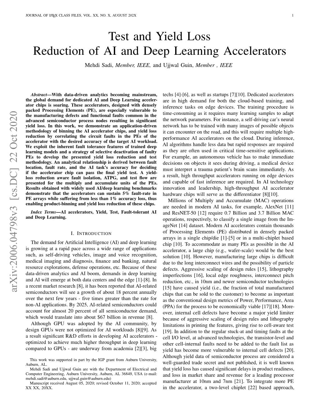 Test and Yield Loss Reduction of AI and Deep Learning Accelerators Mehdi Sadi, Member, IEEE, and Ujjwal Guin, Member , IEEE