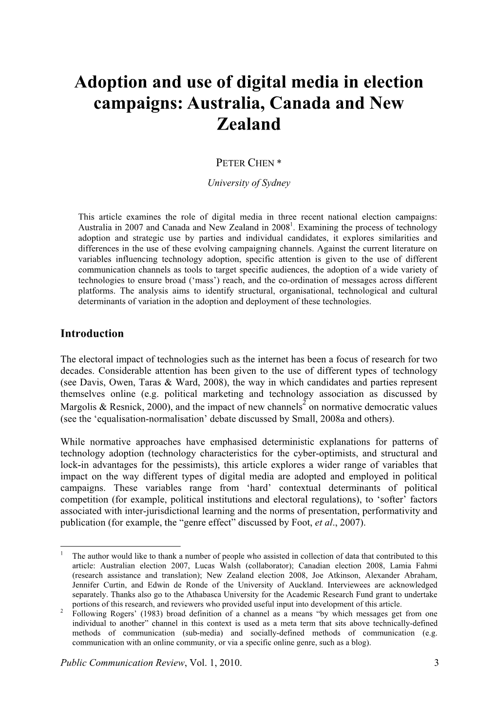 Adoption and Use of Digital Media in Election Campaigns: Australia, Canada and New Zealand