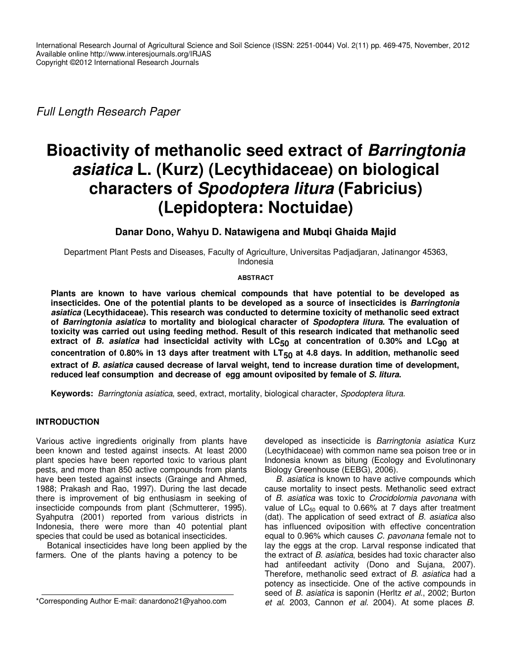 Bioactivity of Methanolic Seed Extract of Barringtonia Asiatica L. (Kurz) (Lecythidaceae) on Biological Characters of Spodoptera